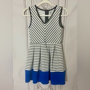 Beautees Black and White Striped Dress with Blue Accent